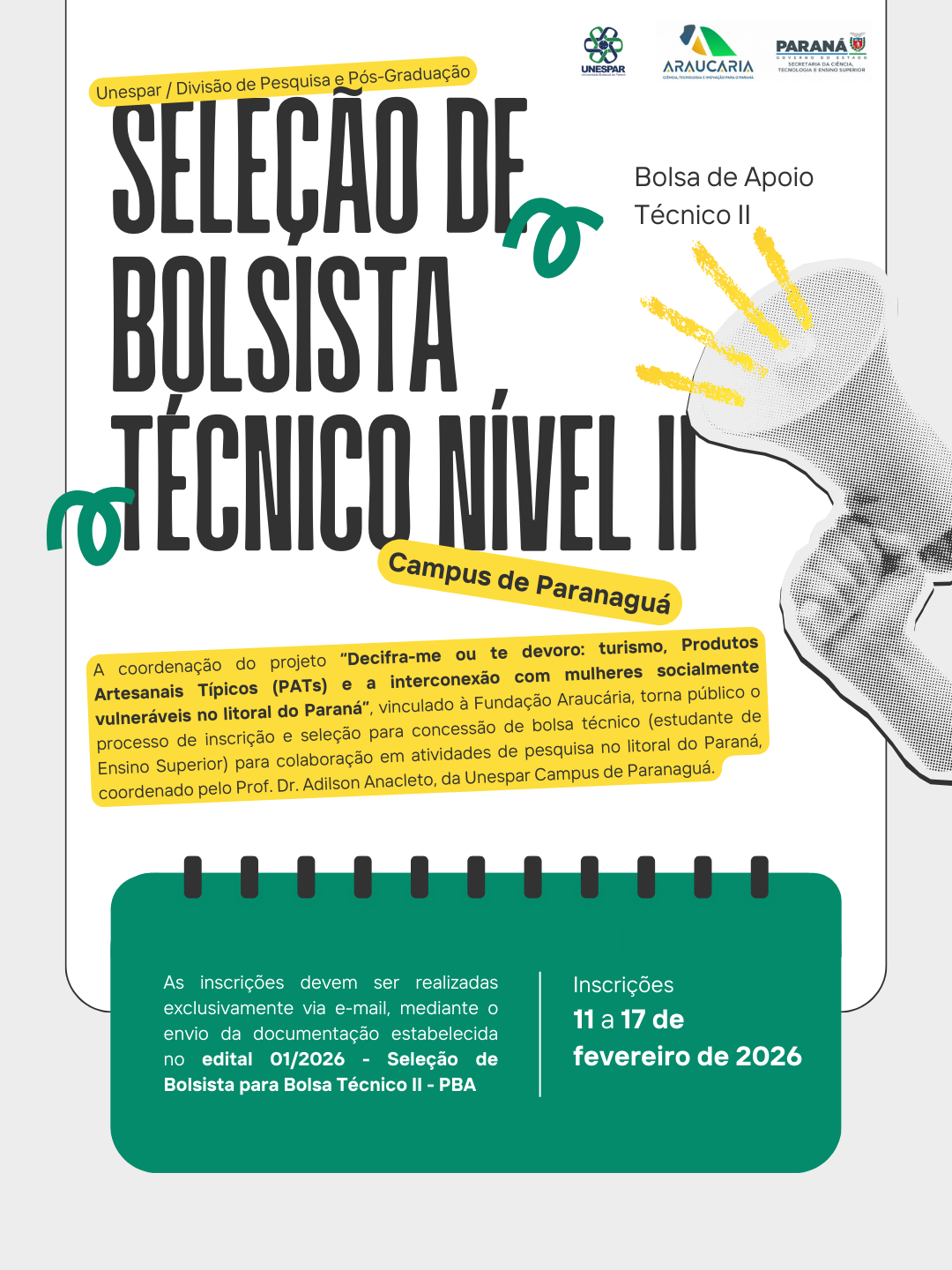 Campus de Paranaguá abre inscrições para Bolsista de Apoio Técnico II em projeto de pesquisa