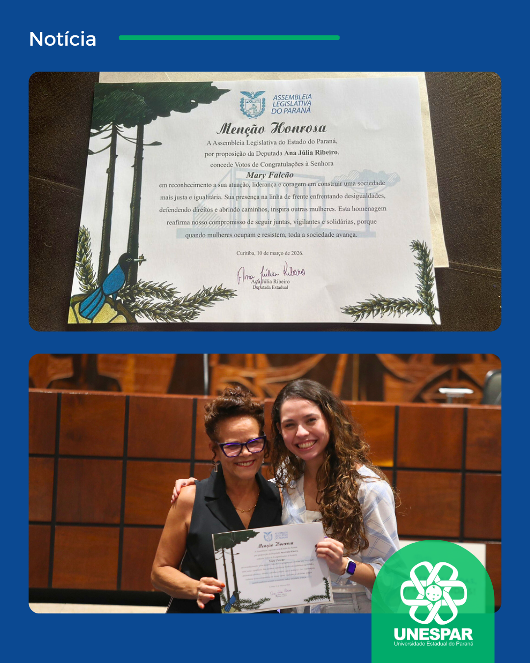 Docente da Unespar Campus de Paranaguá recebe honraria da Assembleia Legislativa do Paraná em sessão solene "Mulheres no Front"