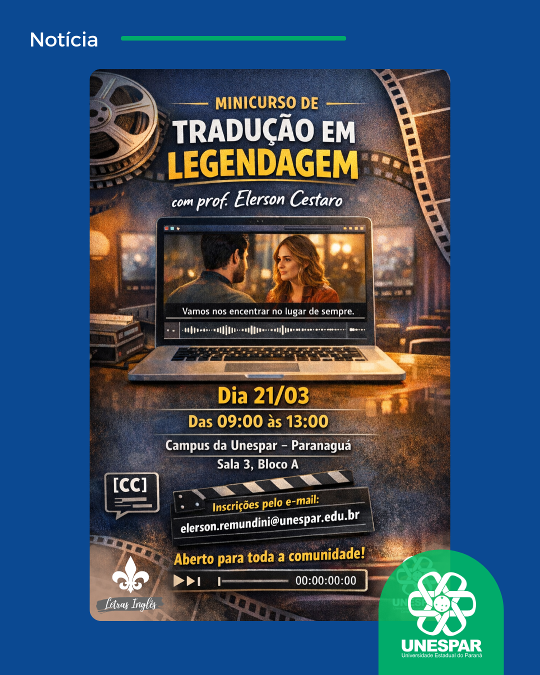 Inscrições abertas para minicurso de tradução em legendagem aberto a toda comunidade