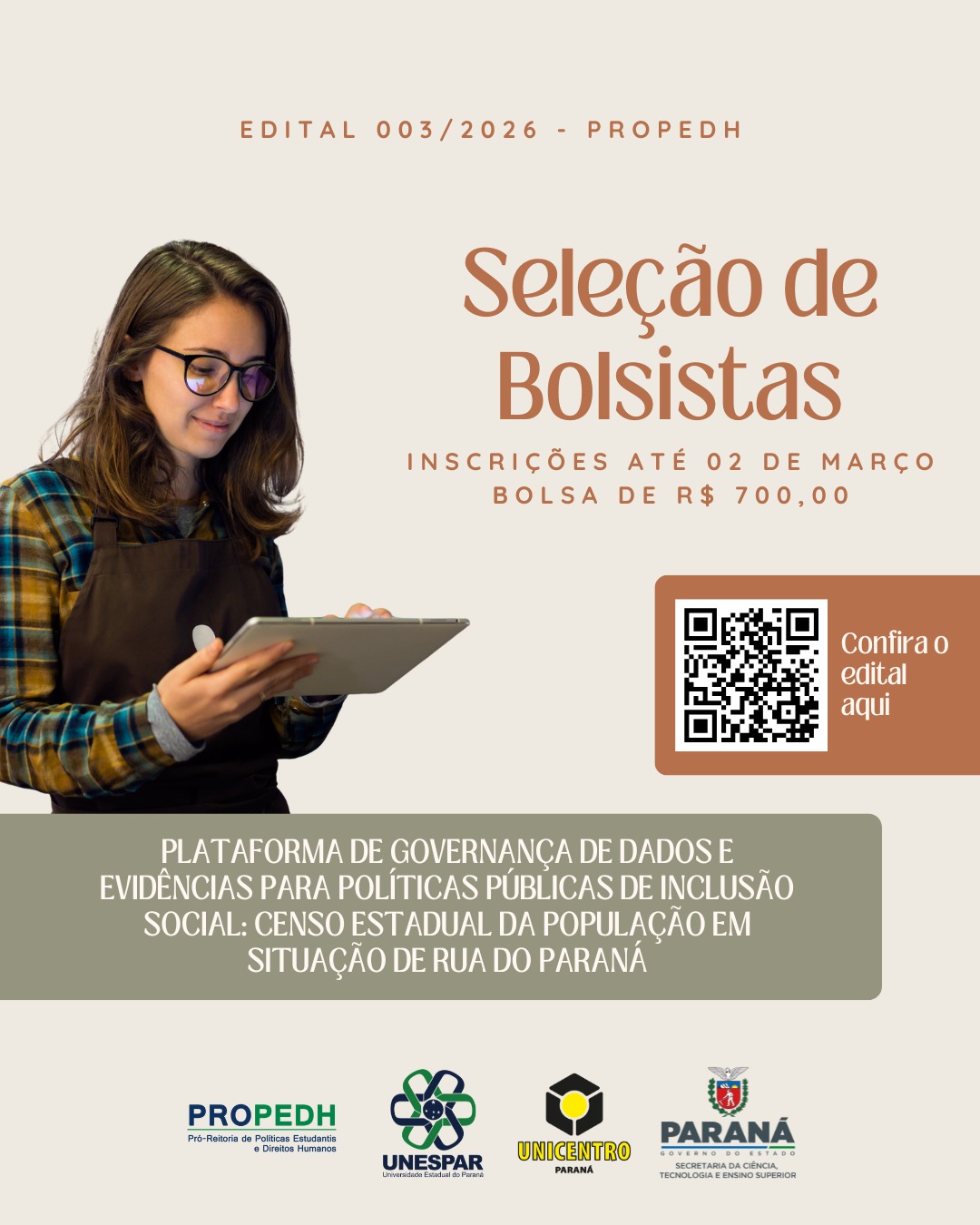 Inscrições abertas para seleção de bolsistas em projeto que vai levantar dados sobre a população em situação de rua, do Paraná